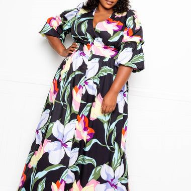 Plus Size Puff Sleeve Button Front Dress