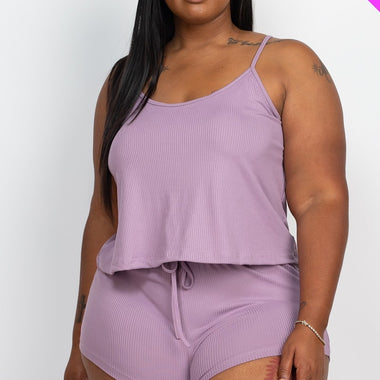 Ribbed Strappy Plus Size Top And Shorts Set