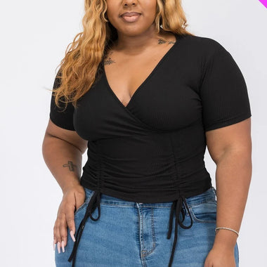 Jess | Plus Ribbed Ruched Drawstring Surplice Top