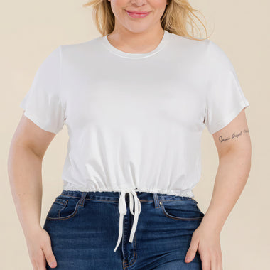 Collette | Plus Size Tie Front Drawstring Short Sleeve Crop Top