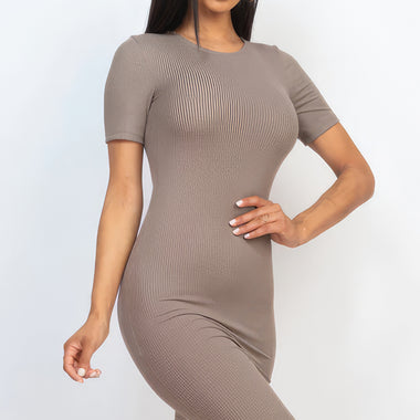 Ribbed black bodycon midi dress on female model
