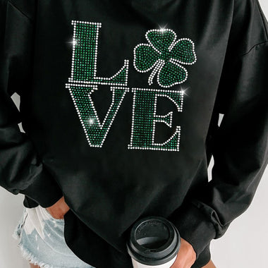 LOVE Rhinestone Clover Round Neck Sweatshirt