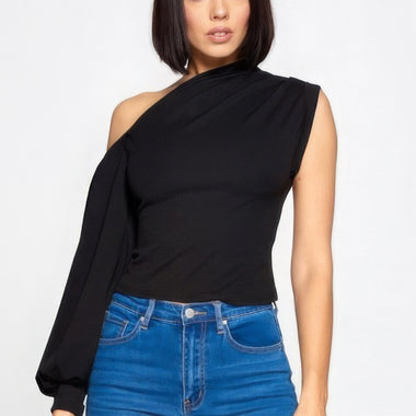 Stunning Black One-Shoulder Top by CCWHOLESALECLOTHING, Featuring Stylish Asymmetrical Design and Voluminous Sleeve.