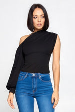 Stunning Black One-Shoulder Top by CCWHOLESALECLOTHING, Featuring Stylish Asymmetrical Design and Voluminous Sleeve.