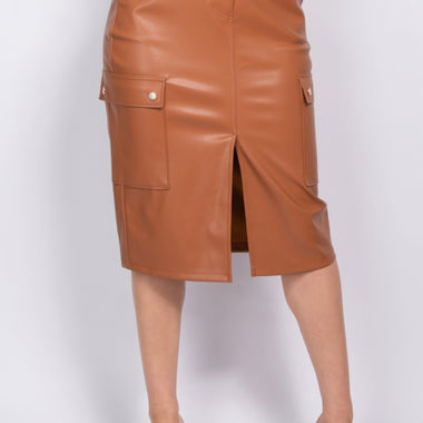 Stylish faux leather high-rise cargo skirt with pockets, showcased on a white background.