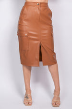 Stylish faux leather high-rise cargo skirt with pockets, showcased on a white background.