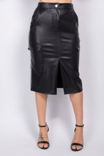 Sleek faux leather midi skirt with cargo pockets, high-rise silhouette, and edgy appeal from CCWHOLESALECLOTHING brand.