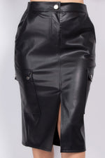 Sleek black faux leather midi cargo skirt with pockets, front slit, and shiny hardware accents.