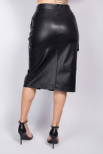 Black faux leather high-rise cargo midi skirt with pockets, featuring a sleek and modern design for a stylish, urban look.