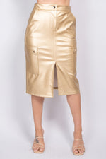 Gold-colored faux leather cargo-style midi skirt with front pockets and waist belt from Cecelia.