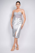 Faux Leather High-rise Cargo Skirt by CCWHOLESALECLOTHING, featuring a sleek silver midi silhouette with slit detailing.