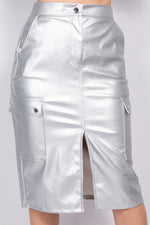 Silver faux leather cargo midi skirt with front pockets and high-rise waist, showcased on a plain background.