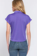 Stretchy short-sleeved front-tie purple women's top with a stylish design, suitable for casual or formal wear.