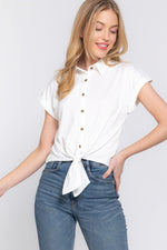 Short Sleeved Front Tie Stretch Ity Top by CCWHOLESALECLOTHING - Stylish, versatile women's top with tie detail.