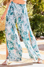 Pleat Side Open Slit Tropical Print Pants