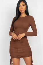 Monika | Ribbed long sleeve drawstring bodycon dress