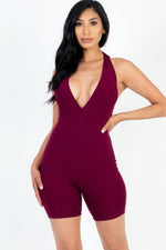 Monika | Casual Solid Halter V Neck Ribbed Bodycon Romper