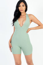 Monika | Casual Solid Halter V Neck Ribbed Bodycon Romper