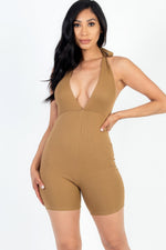 Monika | Casual Solid Halter V Neck Ribbed Bodycon Romper