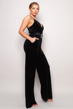 Nora | Samba Rhinestone Belt Velvet Jumpsuit