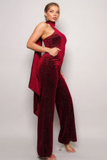 Mary | Scarf Top Glitter Velvet Jumpsuit