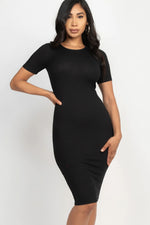 Ribbed black bodycon midi dress on female model