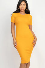 Sleek yellow ribbed bodycon midi dress from Cecelia, showcasing a figure-hugging silhouette and a chic, modern design.