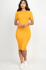 Ribbed bodycon midi dress in vibrant yellow, modeled by a brunette woman against a plain background.