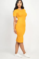 Vibrant yellow ribbed bodycon midi dress from Cecelia, featuring a form-fitting silhouette and sleek, minimalist design.