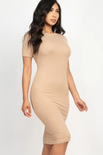 Ribbed Bodycon Midi Dress by Cecelia: Sleek, form-fitting silhouette in a neutral beige hue.