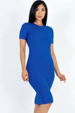 Form-fitting blue midi dress from Cecelia featuring a ribbed texture and slim silhouette.